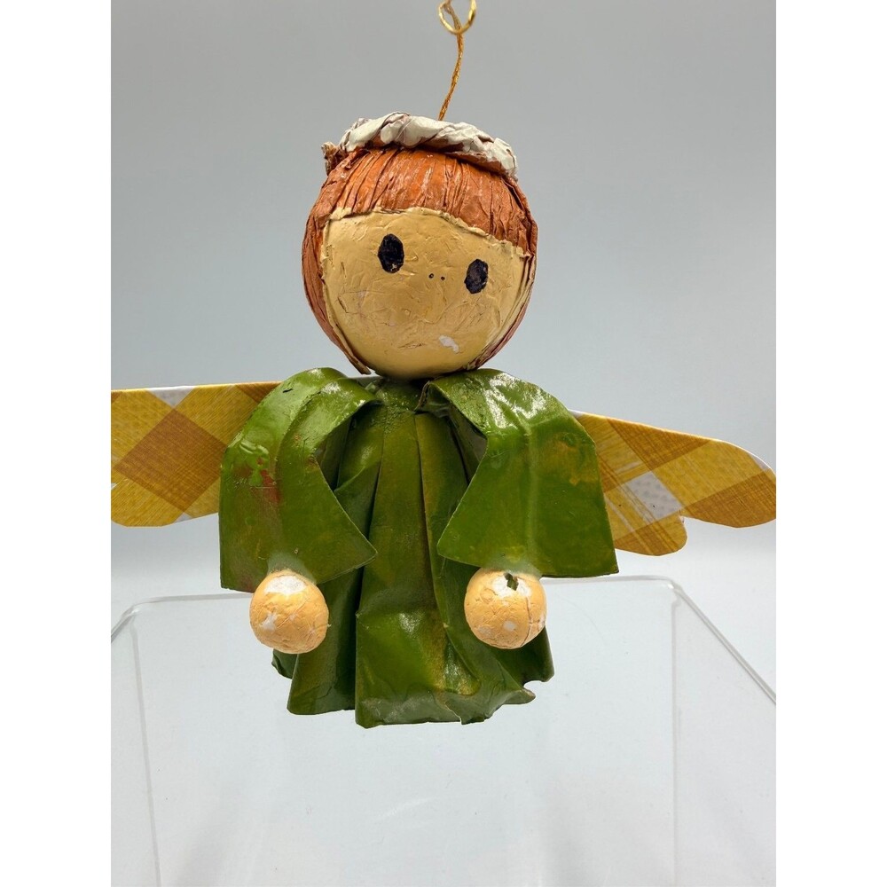 Vintage Handmade Paper Mache Angel Christmas Ornament Figurine Green Gold Plaid